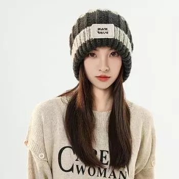 Большая окружность головы шерстяная шапка женская утолщенная трикотажная полосатая теплая зимняя универсальная студенческая ворсовая шапка мешок головной убор hat circumference 56cm-62cm