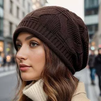 Большая окружность головы шляпа осень и зима мода головной убор шляпа луна однослойная тонкая секция завернутый край вязаная шерстяная шапка женская шапка чёрный