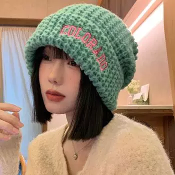 Большая окружность головы вязаная шапка женская осенне-зимняя универсальная шапка для лица маленькая шерстяная шапка свободная теплая защита ушей зеленая шапка M56-58cm озеро зеленый