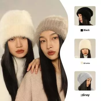 Большая окружность головы вязаная шапка зимняя кроличья шерсть белая шерстяная шапка теплая плюшевая шапка женская шапка one size чёрный