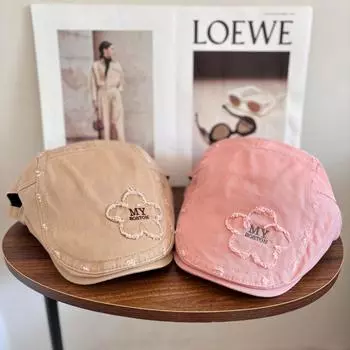 Большая окружность головы вышитая универсальная шляпа от солнца ретро вышитая утиная шляпа вперед женская универсальная шляпа лицо маленький берет M56-58cm чёрный