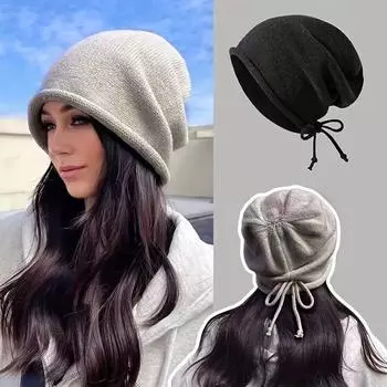 Большая окружность головы, завязывающаяся на шнурок, женская осенне-зимняя шапка, показывающая лицо, маленькая теплая вязаная шапка, обмотанная вокруг головы, шерстяная шапка чёрный