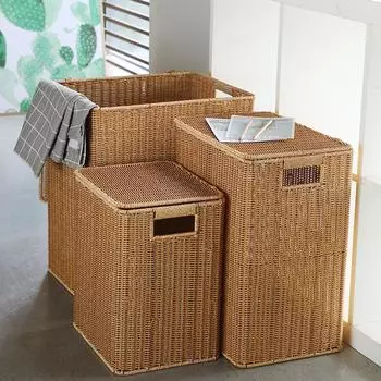 Большая плетеная корзина для хранения с крышкой, сделанная вручную, корзины для белья, контейнер для игрушек и всякой всячины, имитация ротанговой корзины для одежды