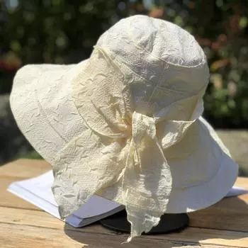 Большая плиссированная тканевая солнцезащитная шляпа с карнизом для женщин на прогулках, защита от солнца, рыбацкая шляпа в форме банта для женщин летом 54-58CM