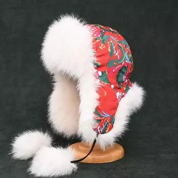 Большая плюшевая шапка Lei Feng с цветком, женская зимняя утепленная теплая защитная шапка для ушей, зимняя деревенская этническая ветровая длинная шапка с цветком One Size красный