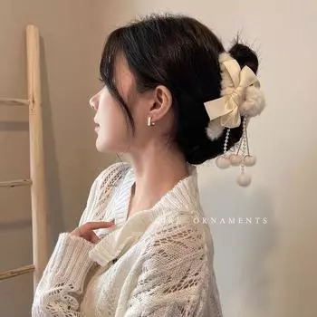 Большая плюшевая заколка-бантик с жемчужной кисточкой для чонсама хаки