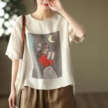 Большая повседневная футболка из хлопка и льна с короткими рукавами для женщин на лето, свободная, утягивающая, ретро, художественная, с круглым вырезом, базовый топ, футболки женские M белый
