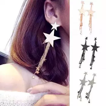 Большая пятиконечная звезда, длинная цепочка с кисточками, висячие серьги, женские украшения чёрный