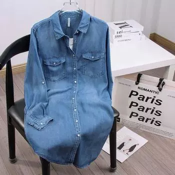 Большая распродажа ~ Джинсовая рубашка на лацканах женская 2025 Мода Гладкая и прямая средней длины Длинная джинсовая рубашка Легче всего сочетать Light blue M