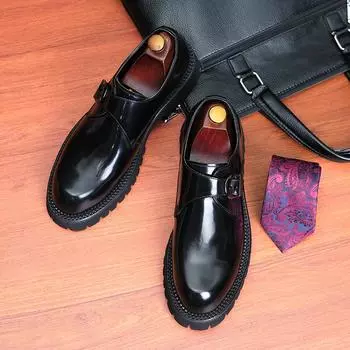 [Большая распродажа] Мужские большие блестящие официальные туфли — натуральная кожа, британский стиль, толстая подошва, увеличивают рост и сделаны вручную 45 чёрный