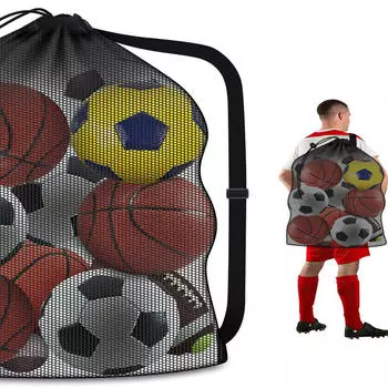 Большая сетчатая сумка для хранения баскетбольных, футбольных и волейбольных мячей, регулируемая сумка через плечо на шнурке, мяч, спортивное тренировочное оборудование One Size чёрный
