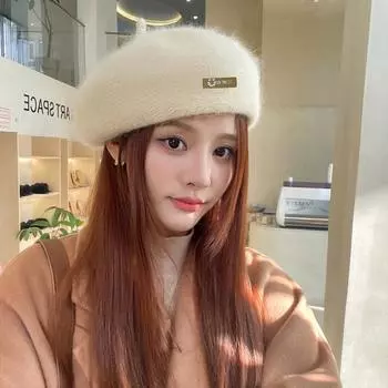 Большая шапка с обхватом головы, берет с изображением смайлика из меха кролика, маленькая однотонная теплая шапка художника One Size