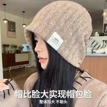 Большая шерстяная шапка для женщин, осень-зима 2024, новая модель, маленькое лицо, теплая и холодная, вязаная ворсовая холодная шапка для большого лица M54-60cm серый