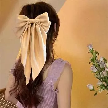 Большая шпилька с двойным бантом, однотонная, гладкая, атласная, для девочек, весенняя заколка для волос, аксессуары для волос в стиле осень-зима шампанского