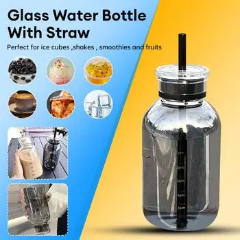 Большая стеклянная бутылка для воды 550/750 мл с трубочкой, 2 крышки, прозрачная бутылка для питья, герметичная чашка с маркером времени для занятий спортом в спортзале 500-1000ml