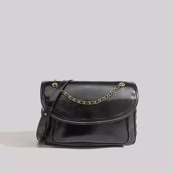Большая сумка через плечо через плечо. Особый дизайн. Большая вместительная сумка с цепочкой. Универсальная сумка из масляно-восковой кожи. чёрный