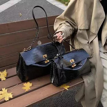 Большая сумка для поездок на работу Новая сумка-мессенджер с ретро-крокодиловым узором Повседневная сумка-тоут с ленивым ветром Портативная сумка-мессенджер на одно плечо Small чёрный