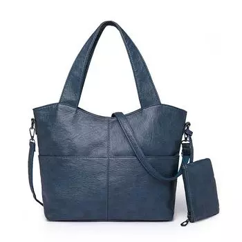 Большая сумка, однотонная сумка через плечо, женская кожаная сумка большой емкости синий
