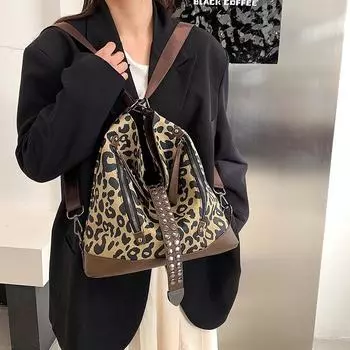Большая сумка с леопардовым принтом, повседневная сумка на плечо большой емкости, женская сумка-мессенджер с заклепками, рюкзак цветной печати леопарда