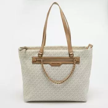 Большая сумка-тоут Michael Kors Signature из ткани и кожи с покрытием бежевого цвета