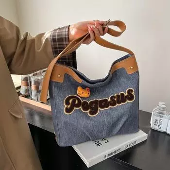 Большая сумка-тоут на одно плечо в стиле ретро из денима для поездок на работу 34*10*32 светло-синий