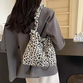 Большая сумка-тоут с леопардовым принтом Сумка-ведро на шнурке Сумка через плечо Женская сумка под мышками кофейный