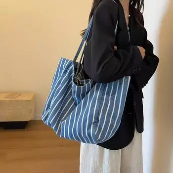 Большая сумка Женская парусиновая сумка Цветная полосатая сумка на плечо большой вместимости чёрный