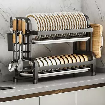 Большая сушилка для посуды для кухни. 2-уровневая устойчивая к ржавчине полка для посуды с держателем для посуды и держателем для разделочной доски. Сушилка для посуды, черная.