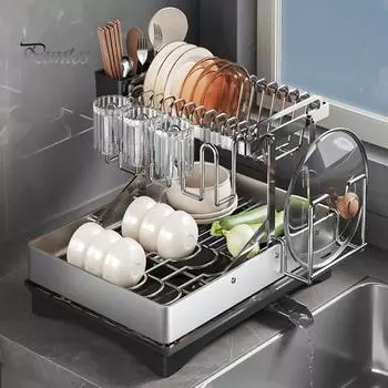 Большая сушилка для посуды с вращающимся на 360 градусов носиком, большой вместимости, нержавеющая, расширяемая, кухонная стойка, держатель для палочек для еды A