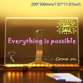 Большая светодиодная доска для заметок с цветной светодиодной подсветкой, акриловая доска для сообщений, светодиодная доска для рисования и письма, доска для сухого стирания с 7 ручками
