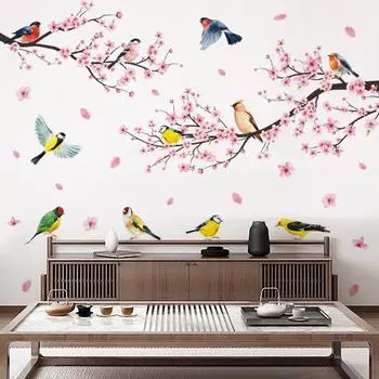 Большая ветка вишни с птицами, наклейка на стену, розовая слива, цветы, настенные наклейки для гостиной, дивана, ТВ, фоновое украшение 30x90cmx2pcs розовый