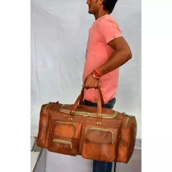 Большая винтажная кожаная дорожная спортивная сумка для ночного отдыха и выходных, дорожная сумка для багажа 24 x 9 x 8 in коричневый