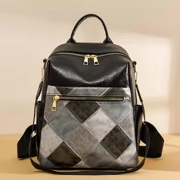 Большая вместимость цветного блока противоугонный рюкзак женский дорожный рюкзак мягкая кожаная школьная сумка хаки