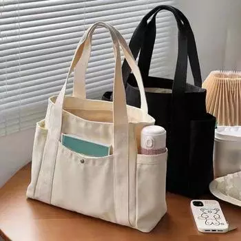 Большая вместимость холщовых сумок-тоут для работы, поездок на работу, сумка для переноски в студенческом стиле, сумка через плечо для книг чёрный