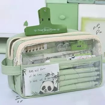 Большая вместимость мультяшный прозрачный пенал минималистский стиль студенческий пенал портативный многослойный канцелярский мешок бежевый
