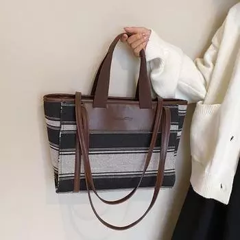 Большая вместимость офисной женской сумки в полоску, сумка для ноутбука, модные сумки-тоут для женщин, трендовая роскошная дизайнерская сумка через плечо коричневый