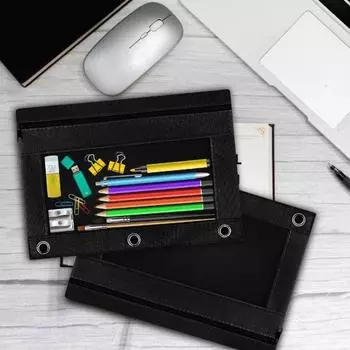 Большая вместимость пенала с 3 кольцами, прозрачным окошком, застежкой-молнией, сумка для хранения ручек чёрный