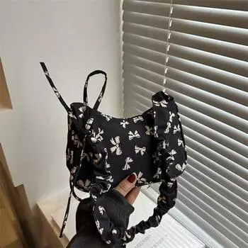 Большая вместимость персонализированный иностранный стиль модный цветочный 2024 летний повседневный модный нейлон ткань косой пролет сумка женская чёрный