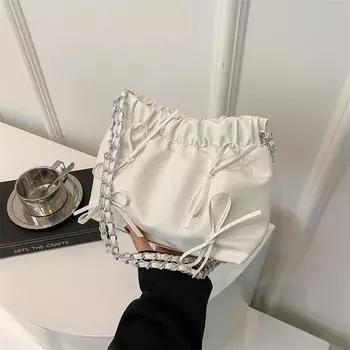 Большая вместимость простая сумка-ведро для отдыха на работе сумка на цепочке с бантом для женщин и девочек подарок чёрный