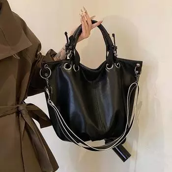 Большая вместимость ретро повседневная простая сумка через плечо тоут на плечо чёрный