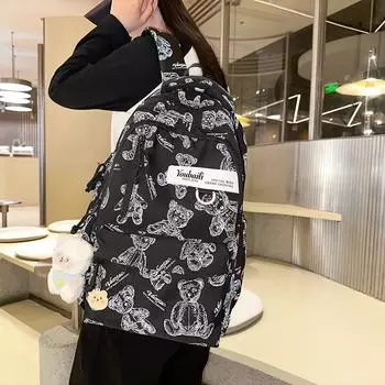 Большая вместимость школьного рюкзака для женщин Campus Bear Printed Backpack для студентов, компьютерный рюкзак чёрный