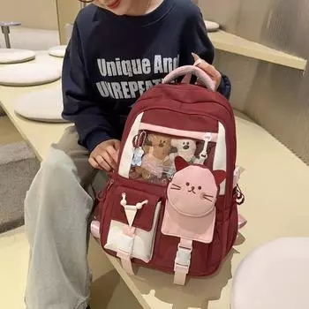 Большая вместимость школьного рюкзака для женщин с рисунком кошки, контрастный цветной рюкзак с кошельком для монет красный