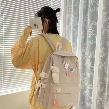 Большая вместимость школьной сумки для студентов, сумка через плечо с значком, подарочный однотонный рюкзак для отдыха на открытом воздухе Pink-Without Badge&Pendant