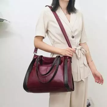 Большая вместимость Темперамент Простая большая сумка PU Досуг Сумка Диагональная сумка через плечо вино красного