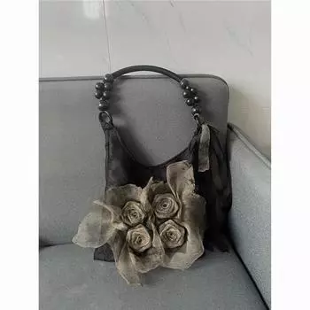 Большая вместимость, трава и дерево, рулон, окрашенный цветок, роза, плиссированная китайская сумка подмышкой, ретро-сумка, женская сумка через плечо чёрный