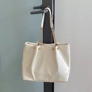 Большая вместимость женские сумки на одно плечо с цепочкой из искусственной кожи в винтажном стиле, повседневные женские сумки в европейском стиле черного/белого цвета, однотонные весенние сумки (30cm<Max Length<50cm)