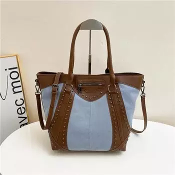 Большая вместимость женских сумок из искусственной кожи и джинсовой ткани, сумка на плечо с заклепками, повседневная сумка-тоут, горячая распродажа сумок для женщин