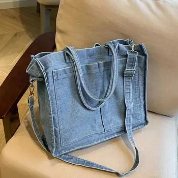 Большая вместительная джинсовая сумка на молнии через плечо, однотонная, универсальная, модная, мягкая, простая, трендовая сумка через плечо
