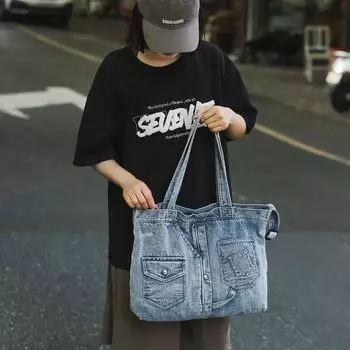 Большая вместительная джинсовая сумка-тоут женская сумка через плечо сумка для поездок подмышкой чёрный