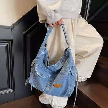 Большая вместительная джинсовая сумка женская сумка-тоут винтажная сумка светло-синий